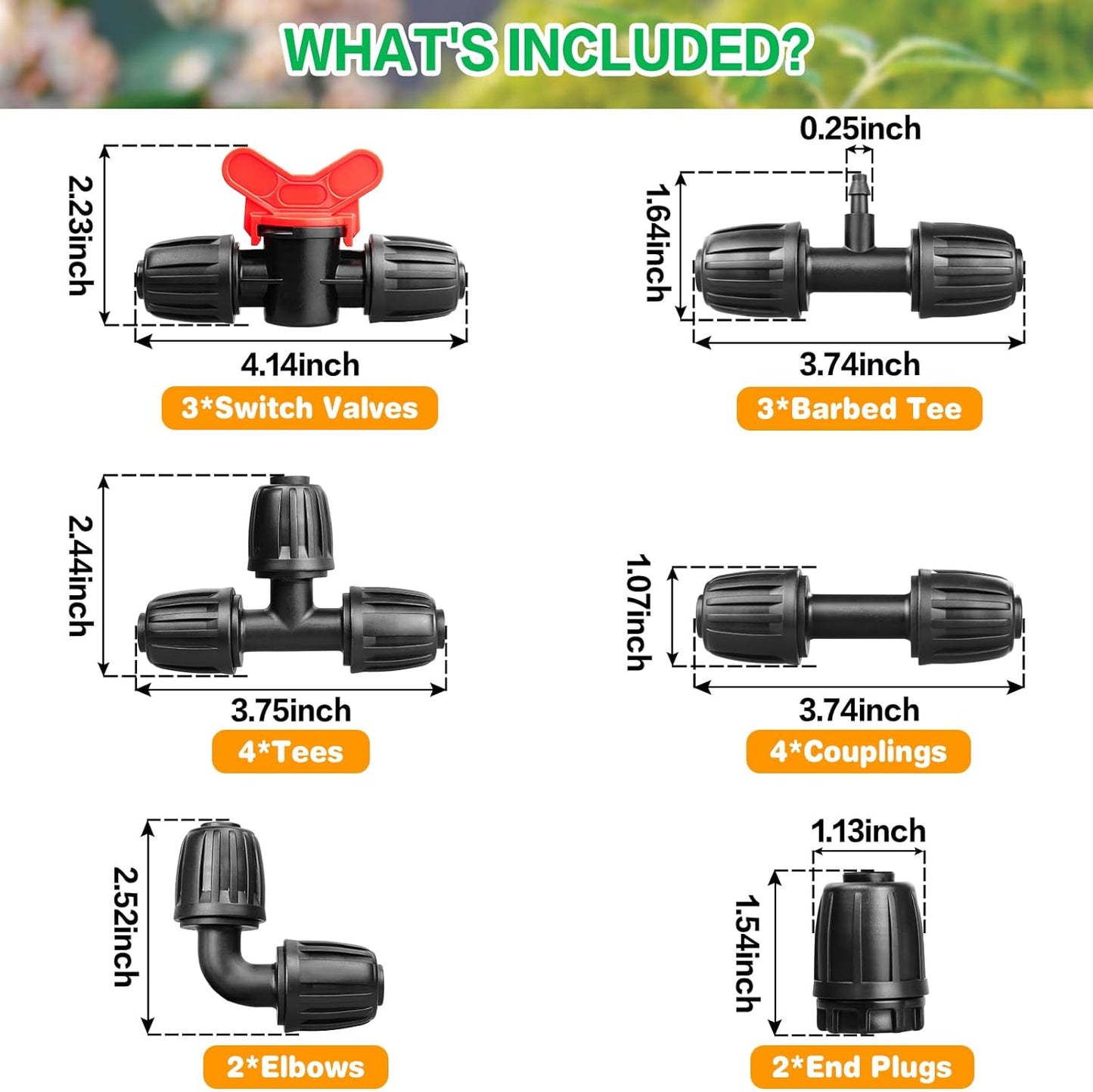 Drip Irrigation Fittings Kit for 1/2 Inch Tubing：1/2'' Drip Line Anti-Drop Barbed Locked Nut Connectors 18 Pieces Set Include 4 Couplings 4 Tees 2 Elbows 3 Valves 3 Reducing Tee 2 Plugs