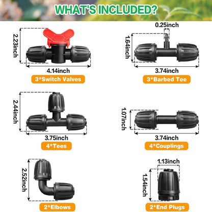 Drip Irrigation Fittings Kit for 1/2 Inch Tubing：1/2'' Drip Line Anti-Drop Barbed Locked Nut Connectors 18 Pieces Set Include 4 Couplings 4 Tees 2 Elbows 3 Valves 3 Reducing Tee 2 Plugs