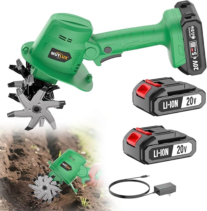 20V Cordless Tiller Cultivator for Gardening, Electric Garden Tiller with 2 x 2.0Ah Batteries & Charger, Garden Rototiller for Lawn Gardening Soil Cultivation