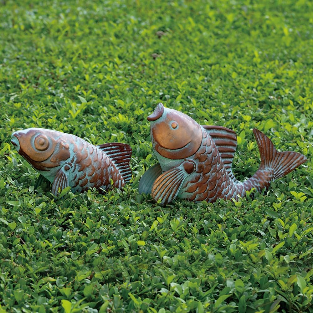 Set of 2 Koi Fish Decor Outdoor Statue Sculpture Garden Pond Fishes Yard Art Antique Copper Koi Sculptures & Statues Large Metal Koi Fish Figurine Ornaments Décor Gifts for Women Mom Grandma