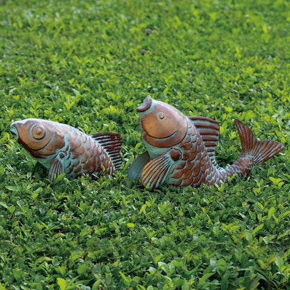 Set of 2 Koi Fish Decor Outdoor Statue Sculpture Garden Pond Fishes Yard Art Antique Copper Koi Sculptures & Statues Large Metal Koi Fish Figurine Ornaments Décor Gifts for Women Mom Grandma