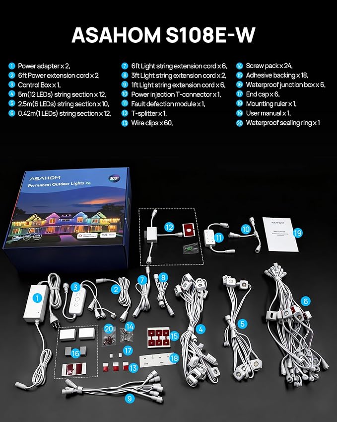 ASAHOM Permanent Outdoor Lights Pro S108E, 300FT with 216 RGBCW LEDs, WLED Integration, AI Lighting, 30000 Lighting Effect Combinations, IP67 Waterproof for Halloween Christmas Daily Decor, White