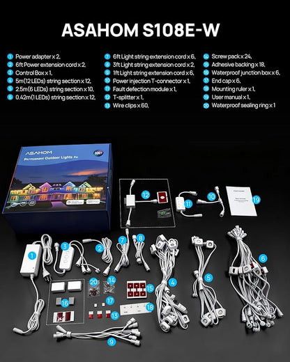 ASAHOM Permanent Outdoor Lights Pro S108E, 300FT with 216 RGBCW LEDs, WLED Integration, AI Lighting, 30000 Lighting Effect Combinations, IP67 Waterproof for Halloween Christmas Daily Decor, White