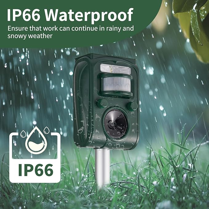 Upgraded Solar Ultrasonic Deer Repellent Devices Motion Detection 5 Adjustable Modes, LED Waterproof Cat Repellent Outdoor, Squirrel Raccoon Rabbit Dog Repellent Deterrent for Yard Farm Garden, 1P