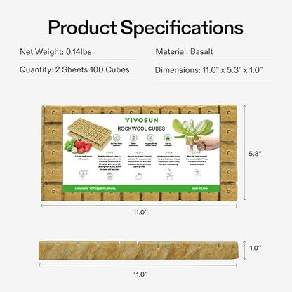 VIVOSUN 1" Rockwool Cubes, 200 Plugs Stonewool Starter Grow Cubes for Cuttings, Cloning, Plant Propagation, Seed Starting, Hydroponic Grow Media for Vigorous Plant Growth, 4 Sheets of 200 Plugs