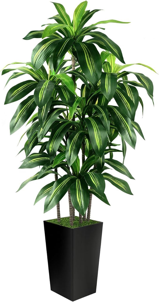 Artificial Dracaena Tree Indoor, 6FT Tall Fake Tree with Black Tall Planter, Artificial Trees Fake Yucca Potted Tree for Home Office Living Room Decor，Tall Artificial Plant for Housewarming