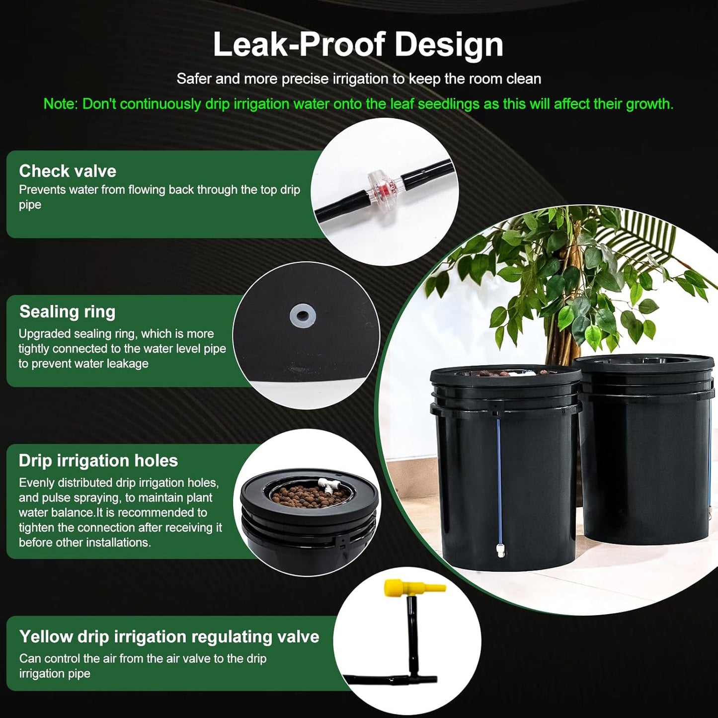 Hydroponics Growing System Kit with Top Drip 5 Gallon 2-Bucket Recirculating DWC Hydroponic System Kit Not Easy to Leak for Growing Plants Indoors and Outdoors (2-Bucket+Top Drip)