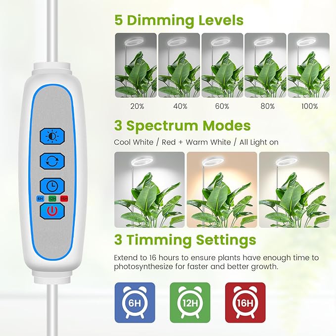 White Grow Light, Full Spectrum LED Plant Lights for Indoor Growing with 6/12/16H Timer, 3 Color Modes, 5 Brightness, 10"-65" Height Adjustable Plant Grow Lamp for Large Indoor Plants