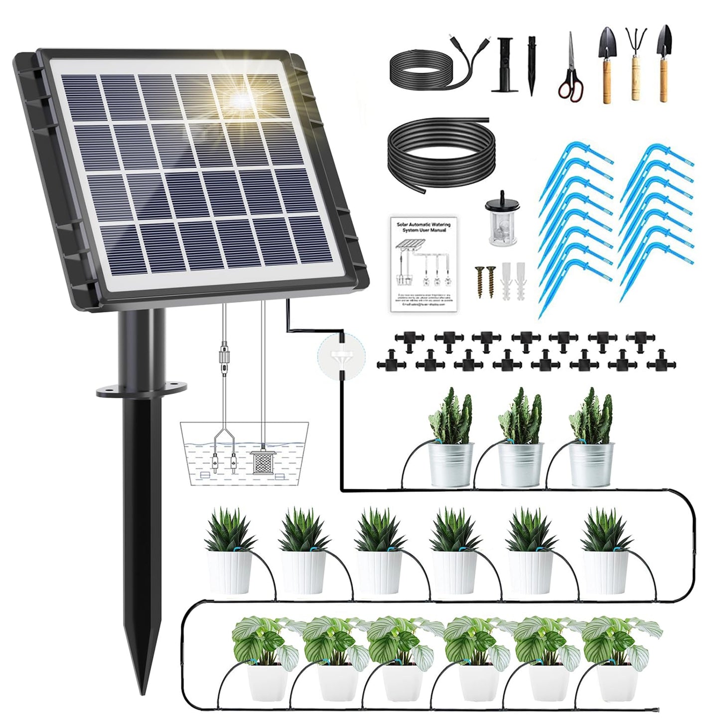 Solar Automatic Drip Irrigation Kit - 25 Timer Modes Smart Watering System for 15 Plants, 900ml/min High Flow with IP54 Waterproof, 49FT Indoor/Outdoor Garden Kit for Vacation & Busy Plant Lovers