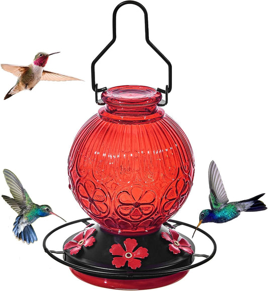 Glass Hummingbird Feeders for Outdoors Hanging, 23Oz Humming Bird Nectar Feeders with Perch, 5 Flower Feeding Ports, Leak Proof Base and Hook for Garden Decor, Gifts for Mom Women (Red)