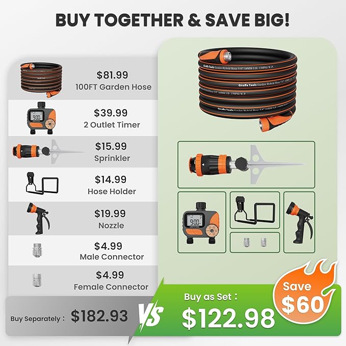 Giraffe Tools Garden Hose 100ft x 5/8", Water Hose Heavy Duty, Flexible with Watering Timer Nozzle and Yard Sprinkler, Lightweight Hybrid Hose with Swivel Handle, Male to Female Fittings