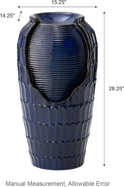 Glitzhome 28.25" H Oversized Ceramic Petals Textured Jar Outdoor Water Fountain, Vintage Cobalt Blue Glaze Vase Patio Garden Waterfall Fountain with LED Light and Submersible Pump