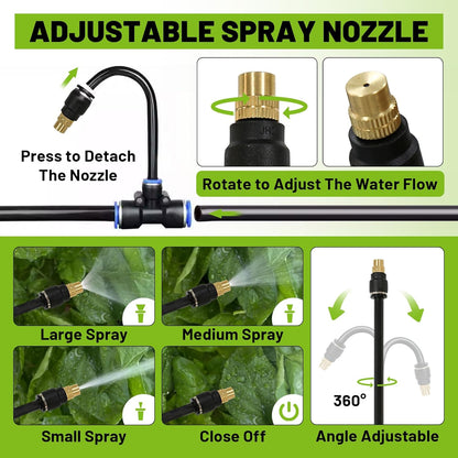 Drip Irrigation Kit - 100 FT. Hose Sprinkler System with 360° nozzles and T-connectors for Gardens, lawns, Plants, Flower beds, Trees, patios and hydroponics (Closeable nozzle-20)