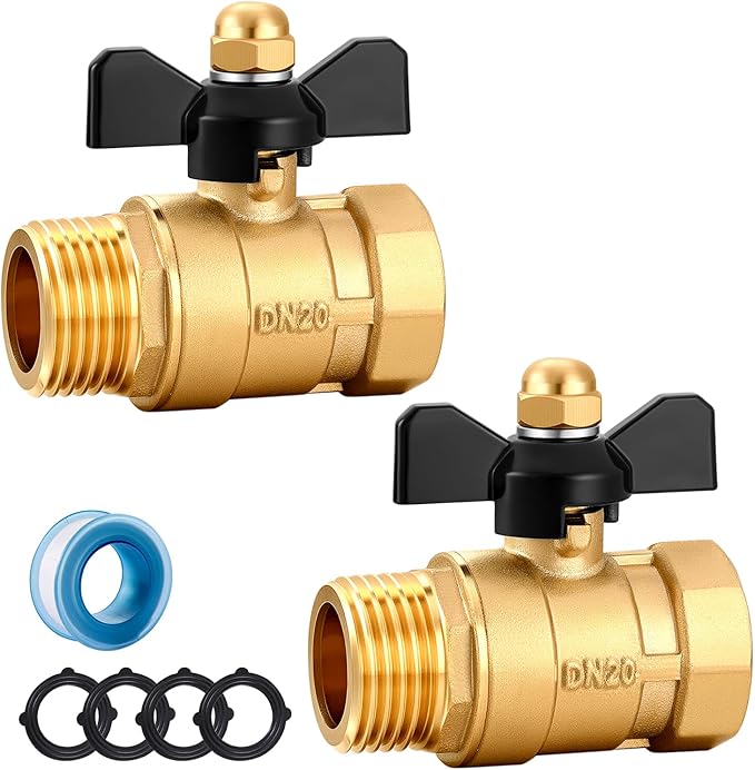 Garden Hose Brass Shut Off Valve Full Flow, No Restricted-Flow Water Shut-Off Connector, 3/4" GHT x 3/4" GHT Garden Hose Full Port Ball Valve Adapter (Butterfly Handle 2PCS)