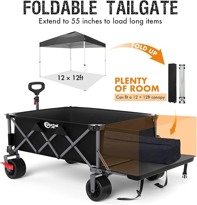 Portal 26" Extra Wide 55" Long Foldable Wagon with Tailgate, Large 600L Collapsible Wagon with Cargo Net, 500 LBs Heavy Duty Utility Cart with Big All-Terrain Wheels for Beach, Camping, Sports, Dogs