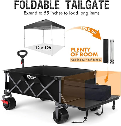 Portal 26" Extra Wide 55" Long Foldable Wagon with Tailgate, Large 600L Collapsible Wagon with Cargo Net, 500 LBs Heavy Duty Utility Cart with Big All-Terrain Wheels for Beach, Camping, Sports, Dogs