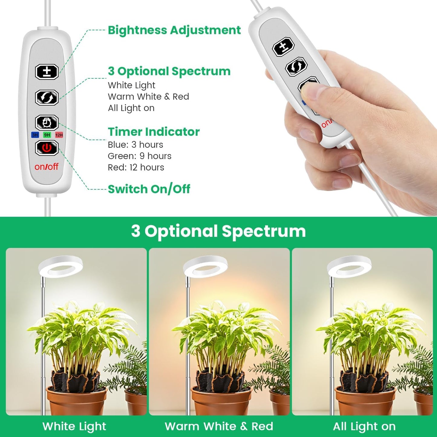 Grow Light, Full Spectrum Plant Lights for Indoor Growing with with 3/9/12H Timer, 3 Color Modes, 10 Brightness, 6.5"-26" Height Adjustable Halo Grow Light with Base, 3 Pack(3.4in)