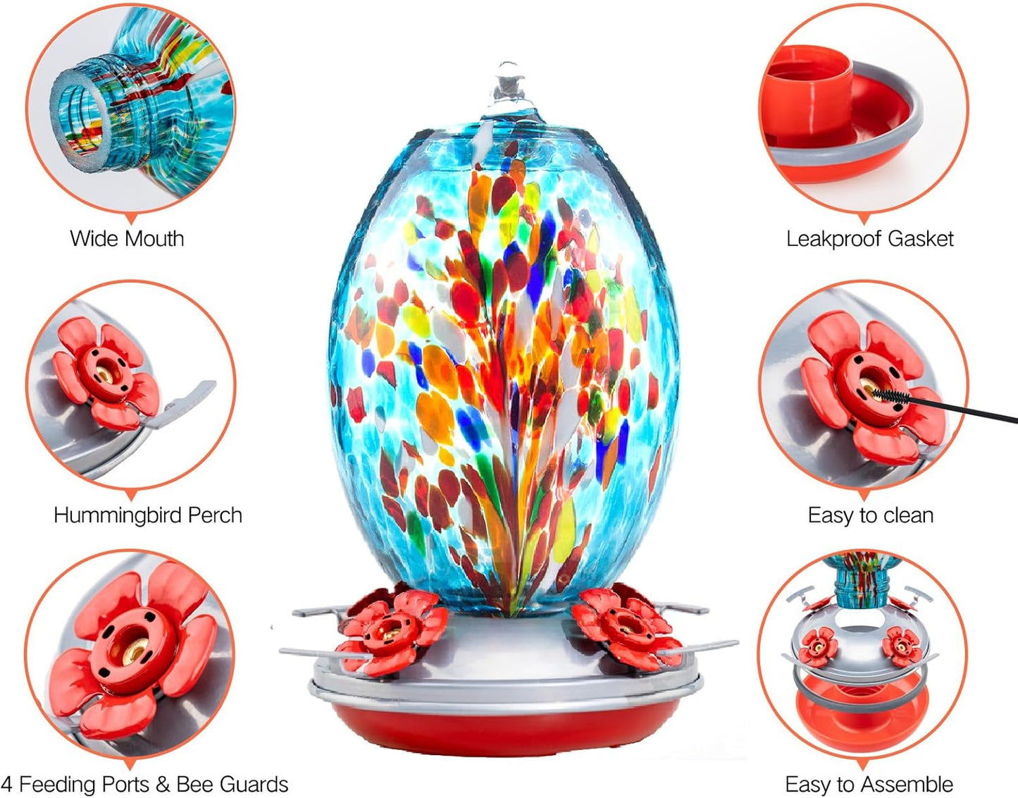 Muse Garden Glass Humming Bird Feeders for Outdoors - 27OZ Blown Glass Hummingbird Feeder - Unique Gift for Mom Women, Outdoors Hanging Garden Decor, Includes Ant Moat & Brush, Blue Fireworks