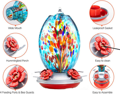 Muse Garden Glass Humming Bird Feeders for Outdoors - 27OZ Blown Glass Hummingbird Feeder - Unique Gift for Mom Women, Outdoors Hanging Garden Decor, Includes Ant Moat & Brush, Blue Fireworks