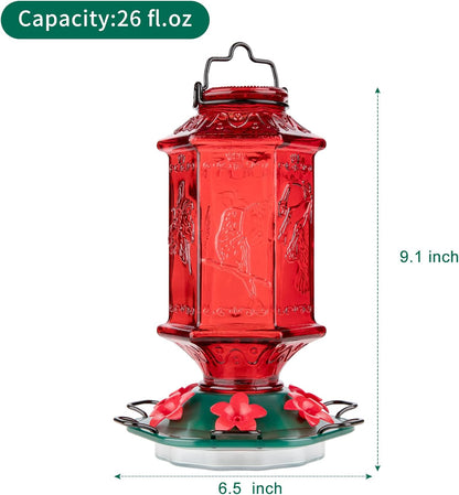 Hummingbird Feeder for Outdoors, Lantern Shaped Bottle, 6 Simulation Flowers Feeding Ports, 26 fl.oz, Hanging for Garden Yard, Rust Proof, Red(Ant Moat Included)