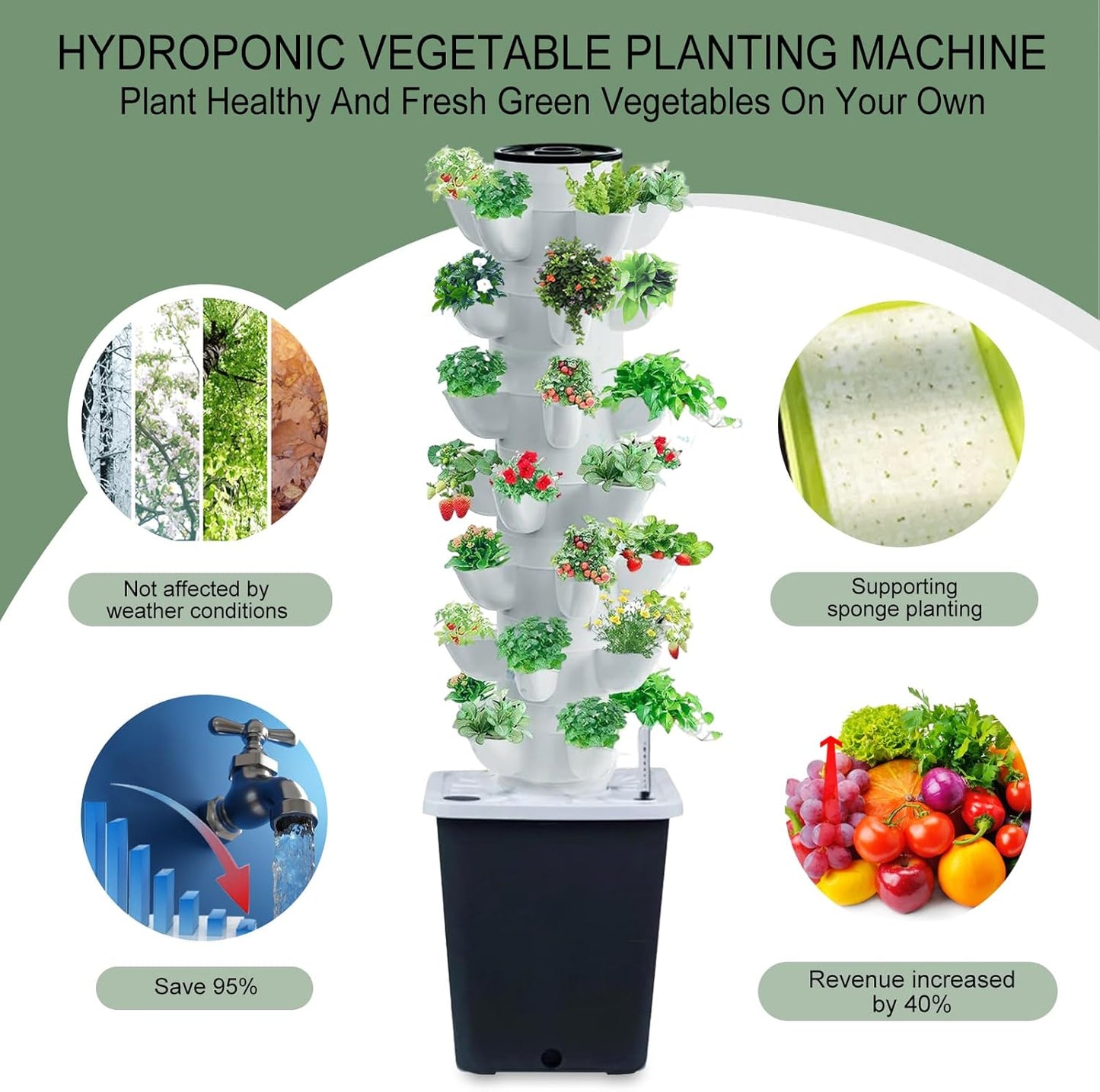 Hydroponics Tower Indoor Growing System Vertical Garden Planter Indoor Smart Garden Kit with Pump and Movable Water Tank Vegetable Plant Gift for Gardening Lover (35-Plants)