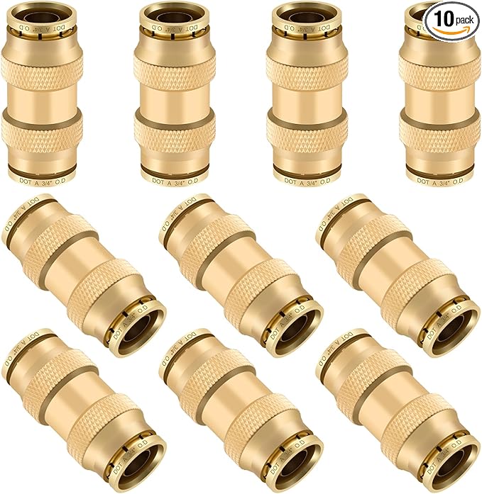 3/4" Quick Push to Connect Fittings Brass Union Straight Joint DOT Approved 3/4 inch tube OD Air Line Adapter Air Spring Suspension Kit for Car Truck Trailers and Air Brake System 10pcs