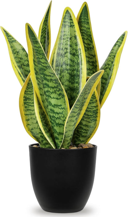 Hollyone Artificial Snake Plant Potted Faux Sansevieria Trifasciata Plants, 13" Tropical Fake Snake Plants in Black Pots for Home Office Room Indoor Decor Housewarming Gifts