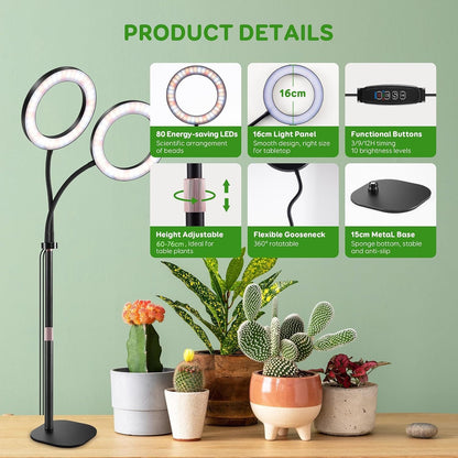 Dual Heads Grow Lights for Indoor Plant Full Spectrum, Desk Halo Plant Lights for Indoor Growing with 3/9/12 Timer, 5 Dimmable Levels,Height Adjustable 9.4-23.6",Strong Metal Base Happy Light