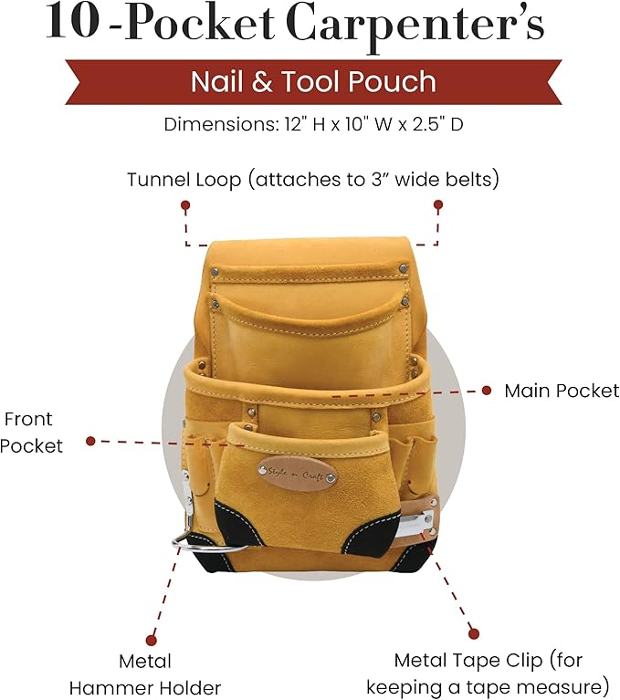 Style n Craft 10-Pocket Carpenter’s Nail & Tool Pouch with Tape Clip, Heavy-Duty Leather Tool Pouch, Perfect and Durable Full-Grain Leather Pouch, Yellow with Black Leather Corners (93924)