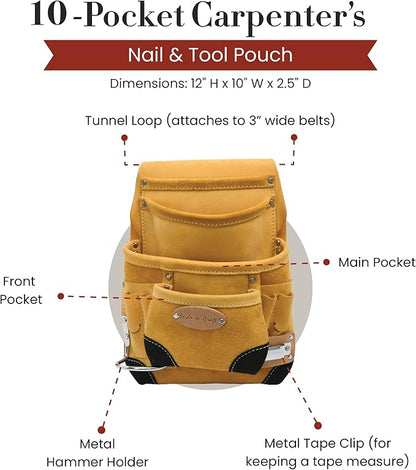 Style n Craft 10-Pocket Carpenter’s Nail & Tool Pouch with Tape Clip, Heavy-Duty Leather Tool Pouch, Perfect and Durable Full-Grain Leather Pouch, Yellow with Black Leather Corners (93924)