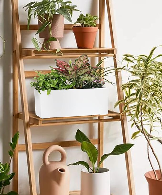 GardenBasix 7.5''x20'' White Self Watering Rectangle Planter Pots with 10 Quarts Coco Soil, Indoor Outdoor, Easy to Observe Water Level, Stylish and Simple