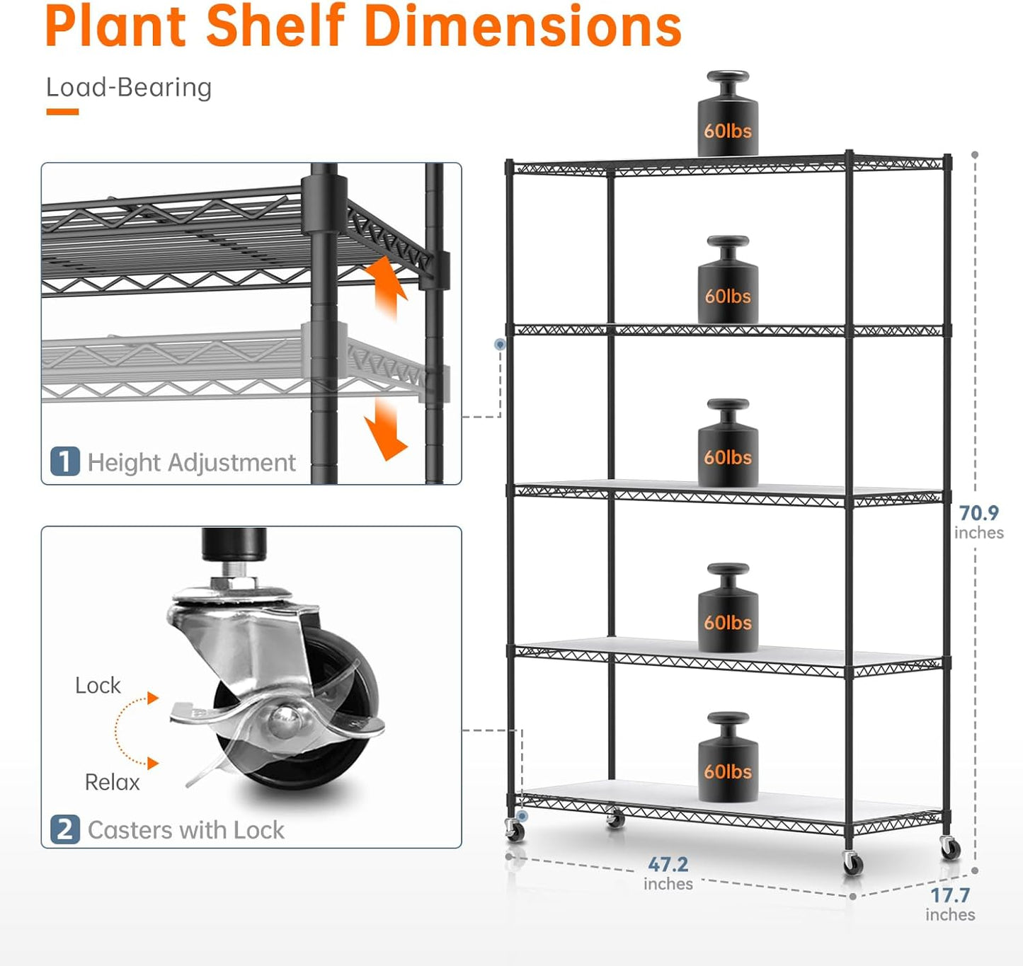 Bstrip Plant Shelf with Grow Lights, 5 Tier Large Tall Plant Stand with 3FT T5 144w Grow Light for Indoor Plants, 3 Mode Full Spectrum LED Plant Light with wheel and Timer for Seedling, 47.2x17.8x71IN
