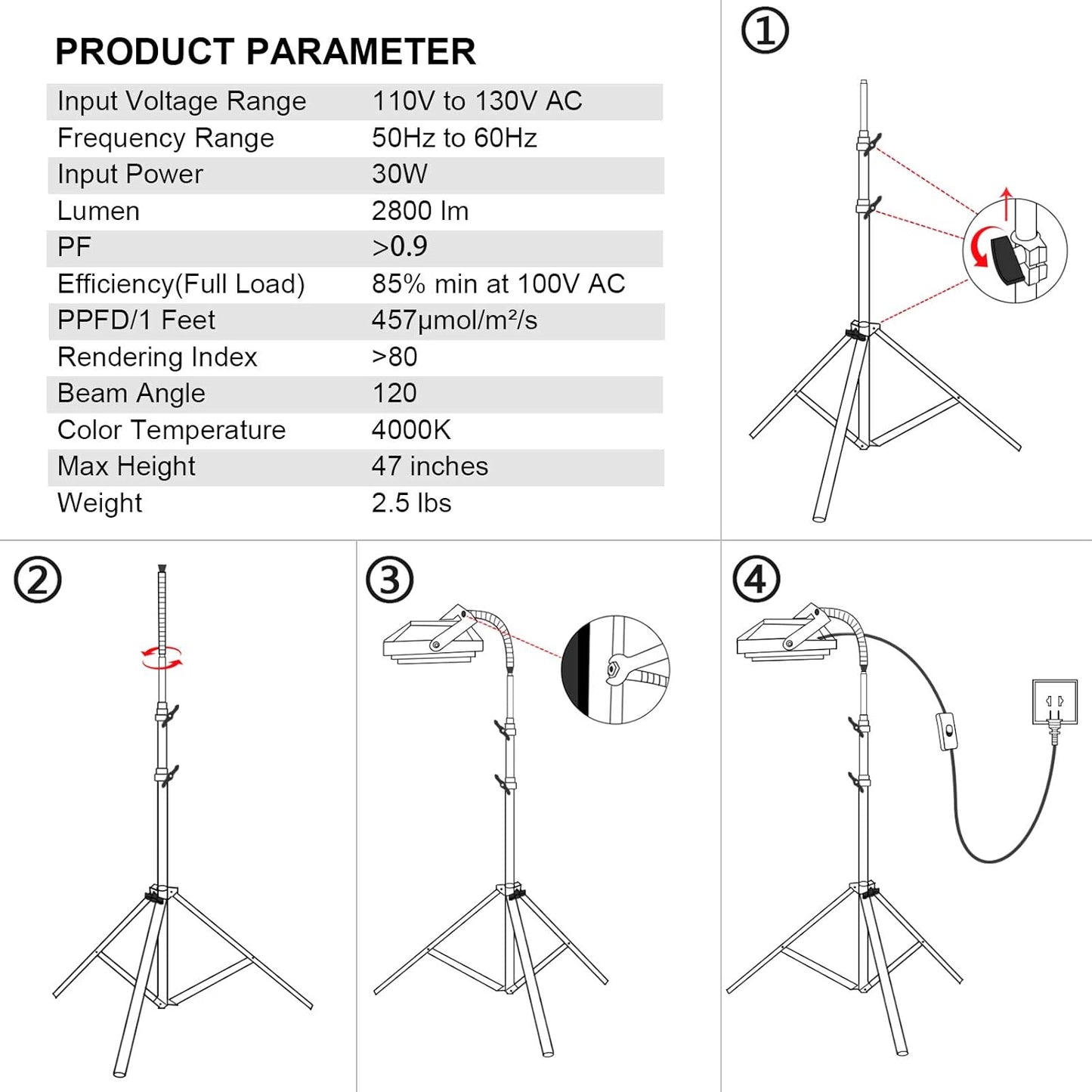 LBW Grow Light with Stand, Full Spectrum LED Floor Plant Light for Indoor Plants, Grow Lamp with On/Off Switch, Adjustable Tripod Stand 15-48 inches