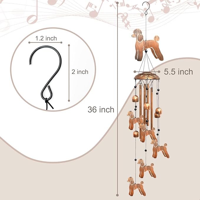 Poodle Wind Chimes for Outside, Metal Windchimes Outdoors Birthday Gifts for Women Memorial Sympathy Wind Chimes for Patio Garden Yard