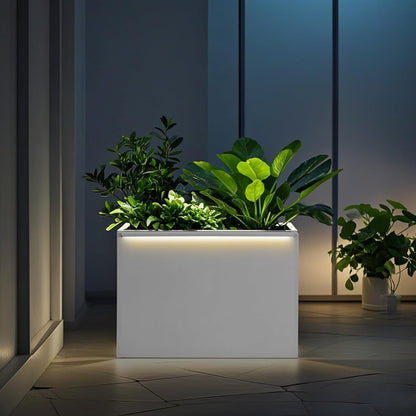 GSK White Metal Planter Box with LED Light Galvanized Versatile Rectagular Light Up Plant Trough Durable Indoor Outdoor Flower Container Porch Patio Tarrace Balcony Garden Home Office Commerical