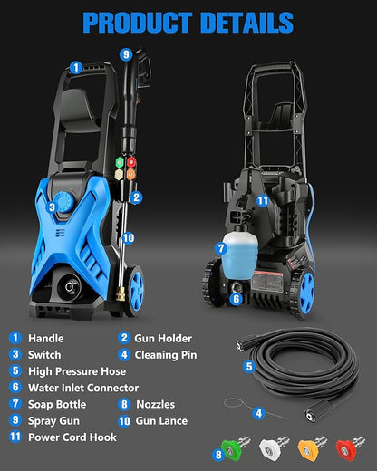5000 PSI 2.8 GPM Pressure Cleaner High Power Cleaner Adjustable Pressure 2500PSI-5000PSI with 33FT Extension Hose Reel, 4 Nozzles and Soap Bottle for Cars/Fences/Driveways (Blue, No Hose)