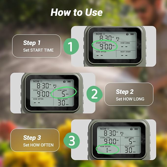 Sprinkler Timer, Programmable Water Timer for Garden Hose, Outdoor Hose Faucet Timed with 4 Plans/Rain Delay/Automatic Watering System, Digital Irrigation for Yard, Lawn, 1 Outlet with 2-Way Splitter