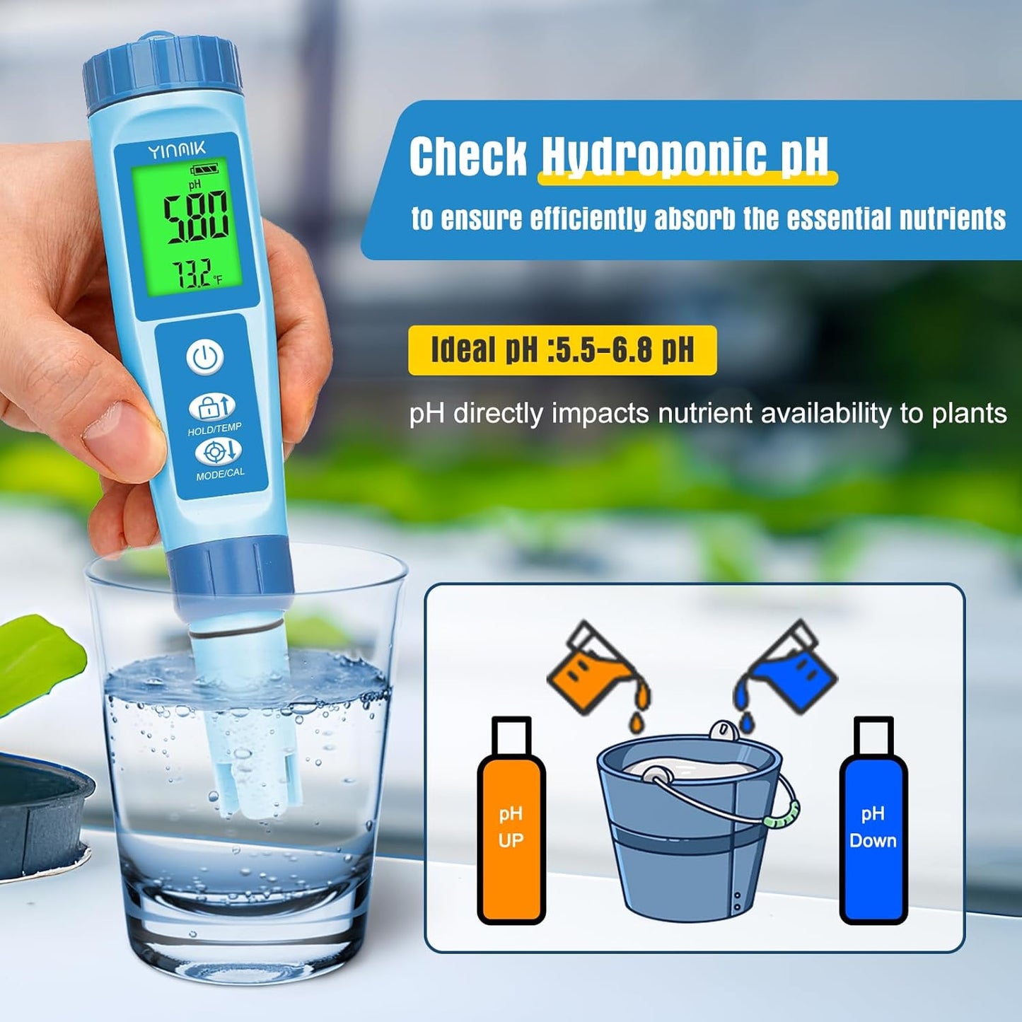 YINMIK Water pH Meter, Digital 4 in 1 pH Temp EC TDS Meter for Hydroponics, PH Conductivity PPM Tester with EC Calibration Liquid, Suit for Growing Nutrients,Reservoir Tank,DWC,Brewing,Pool, Aquarium