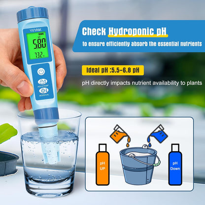 YINMIK Water pH Meter, Digital 4 in 1 pH Temp EC TDS Meter for Hydroponics, PH Conductivity PPM Tester with EC Calibration Liquid, Suit for Growing Nutrients,Reservoir Tank,DWC,Brewing,Pool, Aquarium