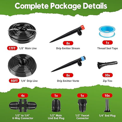 110FT Drip Irrigation System for Garden, Quick-Connect Automatic Garden Watering System with 1/2" & 1/4" Tubing and Accessories - Adjustable Sprinklers Kit for Greenhouse, Yard, Lawn, Raised Bed