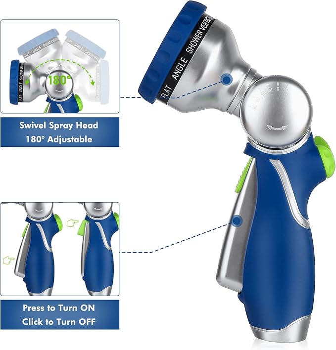 RESTMO Garden Hose Nozzle w/ 180° Adjustable Swivel Head, High Pressure Hose Sprayer, 10 Spray Pattern | Self-Lock Trigger | Water Flow Control, for Outdoor Lawn & Garden Watering, Car & Pet Washing
