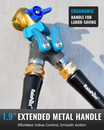 RAINPOINT Garden Hose Splitter, 2 Way Heavy Duty Water Hose Y Spigot Splitter with Shutoff Valves, 100% Metal Body Outdoor Faucet Splitter, 1.9" Extra Long Metal Handle, 3/4" GHT Thread (1, Blue)