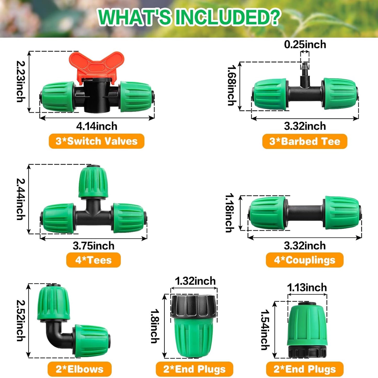 20 Pieces Drip Irrigation Fittings for 1/2 Inch Drip Tubing (1/2" ID x 0.65" OD)：1/2'' Irrigation Tubing Connectors Including Couplings Tees Elbows Valves Reducing Tee Plugs 3/4" Adapters