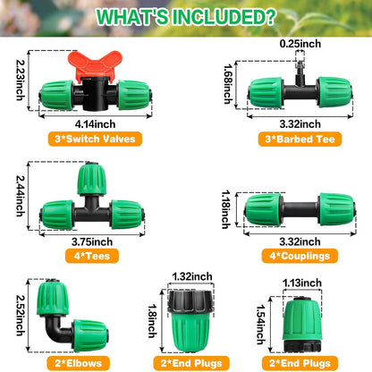 20 Pieces Drip Irrigation Fittings for 1/2 Inch Drip Tubing (1/2" ID x 0.65" OD)：1/2'' Irrigation Tubing Connectors Including Couplings Tees Elbows Valves Reducing Tee Plugs 3/4" Adapters