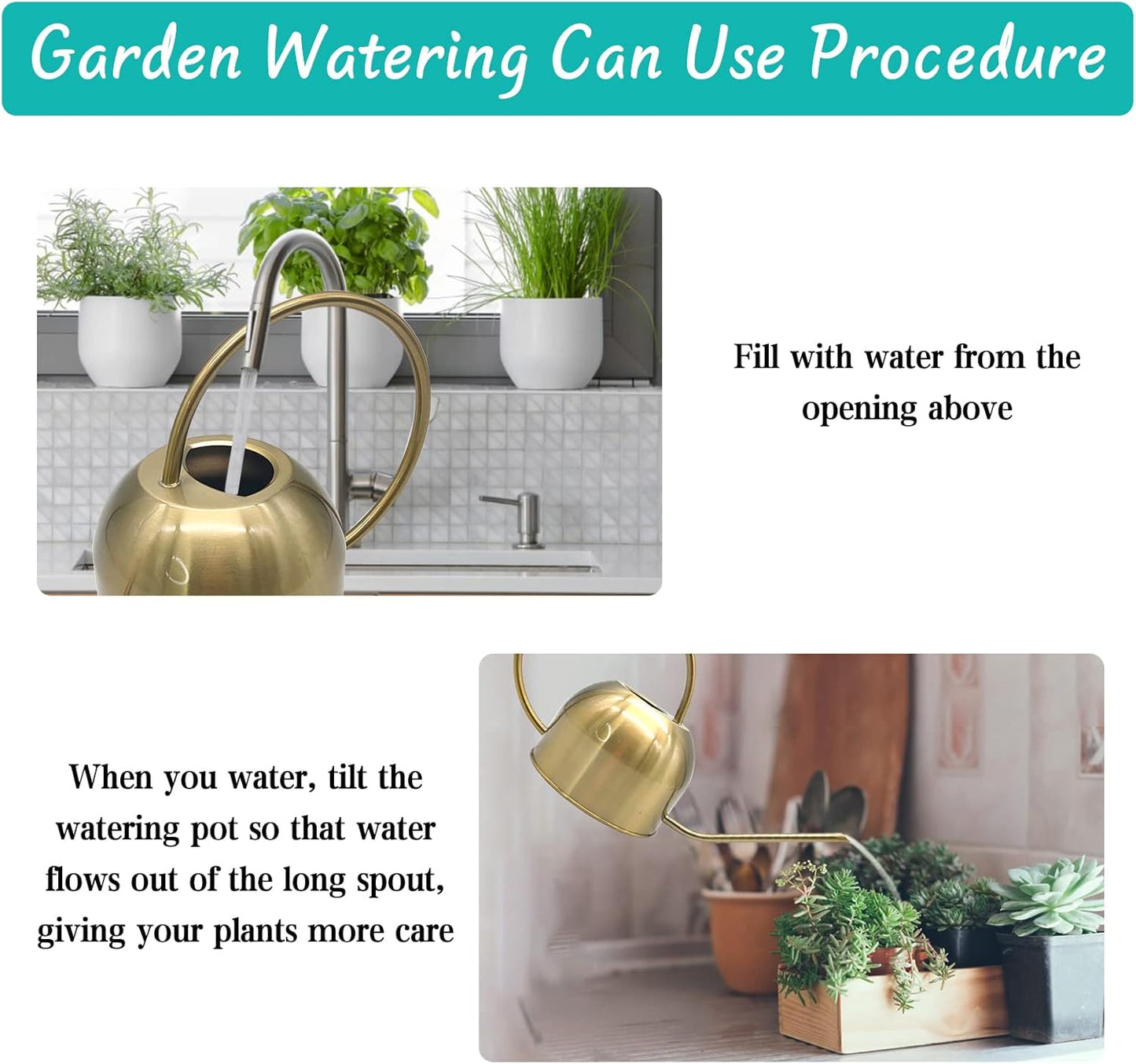 Hamiledyi 50 oz/1500 ml Stainless Steel Watering Can with Long Spout Metal Watering Can Indoor Outdoor Flower Watering Pot for Garden Orchid Bonsai Office Desk Plants (Golden)