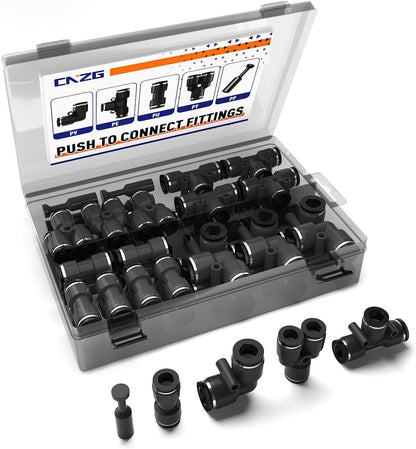 60pcs 1/8" Push to Connect Fittings, 1/8 inch OD Air Hose Tubing Air Line Fittings Pneumatic Quick Connects Kit (Tee, Straights, Elbows, Splitters,Plugs)