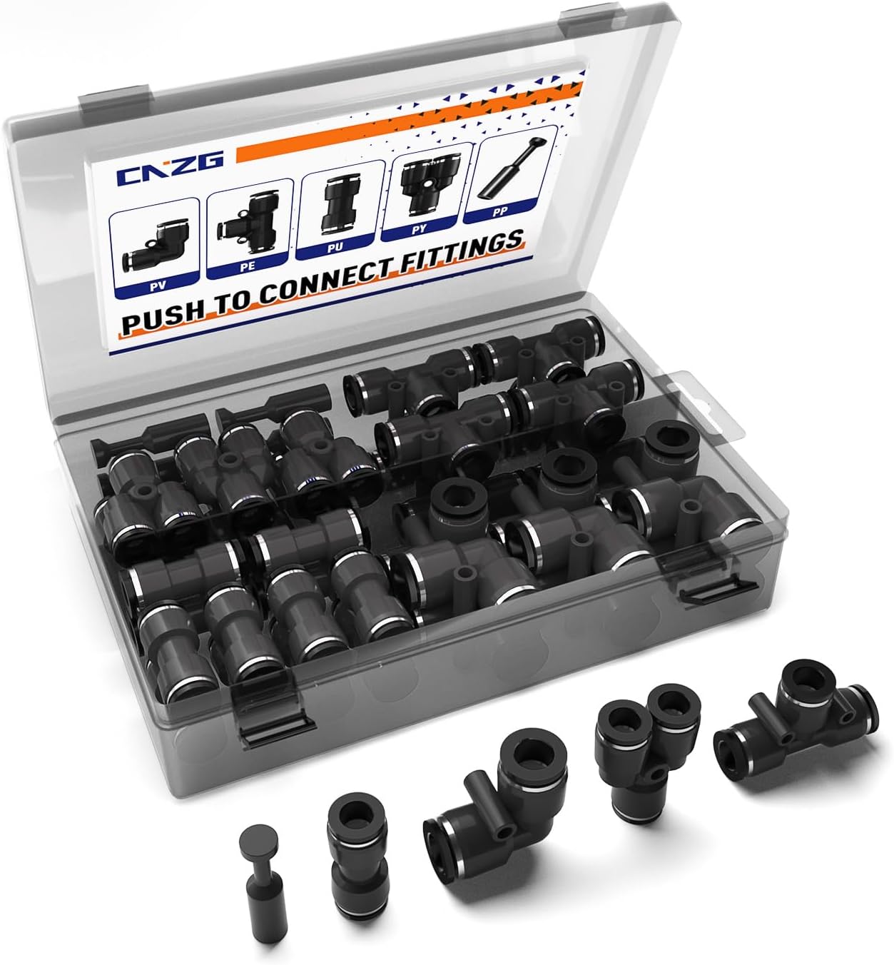 60pcs 1/4" Push to Connect Fittings, 1/4 inch OD Air Hose Tubing Air Line Fittings Pneumatic Quick Connects Kit (Tee, Straights, Elbows, Splitters,Plugs)