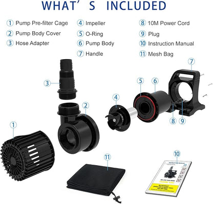OYO WATER Outdoor Extra Large 11800gph-850W 32.8FT Pond Water-fall & Kio Fish Fountain-s& Garden Pump Submersible IPX8: Long 32.8FT Cord Smart-er&Quieter Duck&Yard&Patio Ponds Pumps,1 Barrier Pump Bag