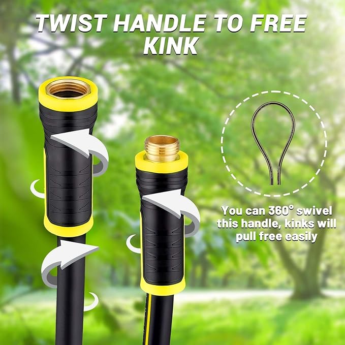 Garden Hose 50FT with 10 Pattern Spray Nozzle - PHLEX PRO Heavy-Duty Premium 5/8'' Rubber 3-Layer Water Hose - Innovation Flexible Hybrid Lightweight Water Hose, Full Brass Fittings (RyobiGreen)