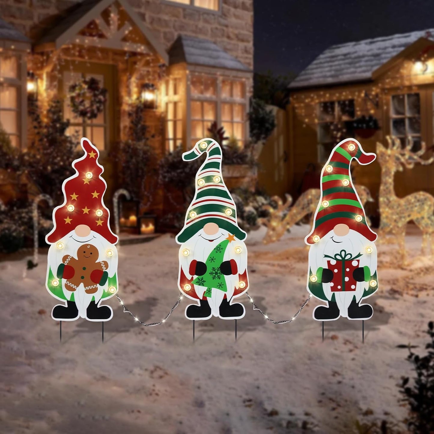 Christmas Yard Stakes Metal Christmas Decorations Outdoor Yard Gnomes Holding Gingerbread Tree Gift Lighted Metal Stakes Outdoor Xmas Stake Lawn Pathway Decoration